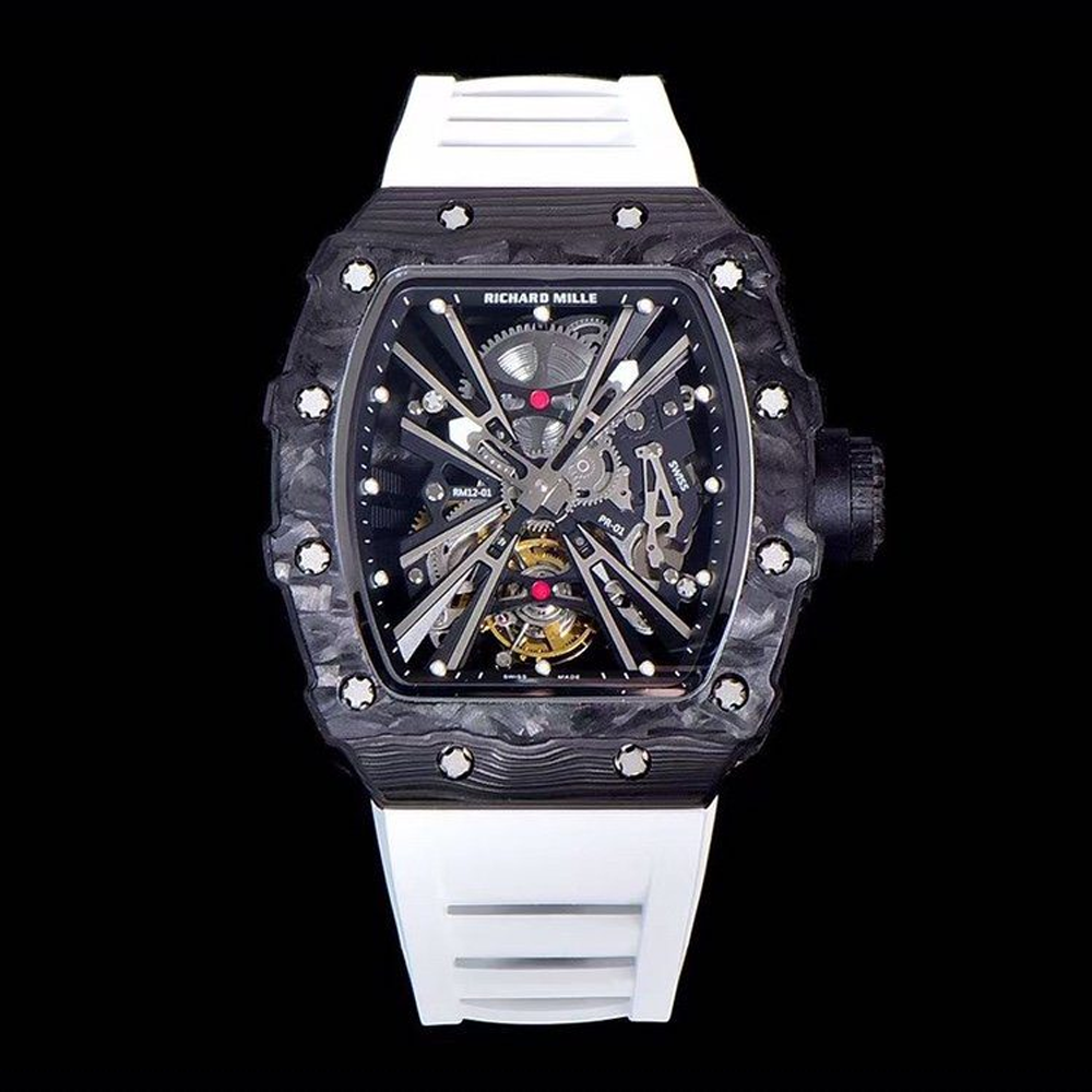 리차드밀 블랙 NTPT 카본 투르비옹 화이트 러버 스트랩 한정판 RM12-01