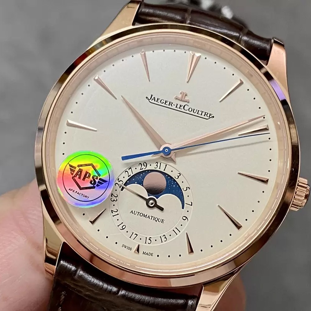 APS공장 예거 르쿨트르 JL 마스터 울트라 씬 문페이즈 로즈골드 화이트 다이얼 레더 스트랩 39mm Q1362511