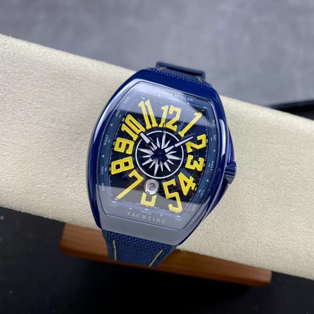 T+공장 프랭크 뮬러 뱅가드 블루 세라믹 옐로우 포인트 다이얼 한정판 45mm V45