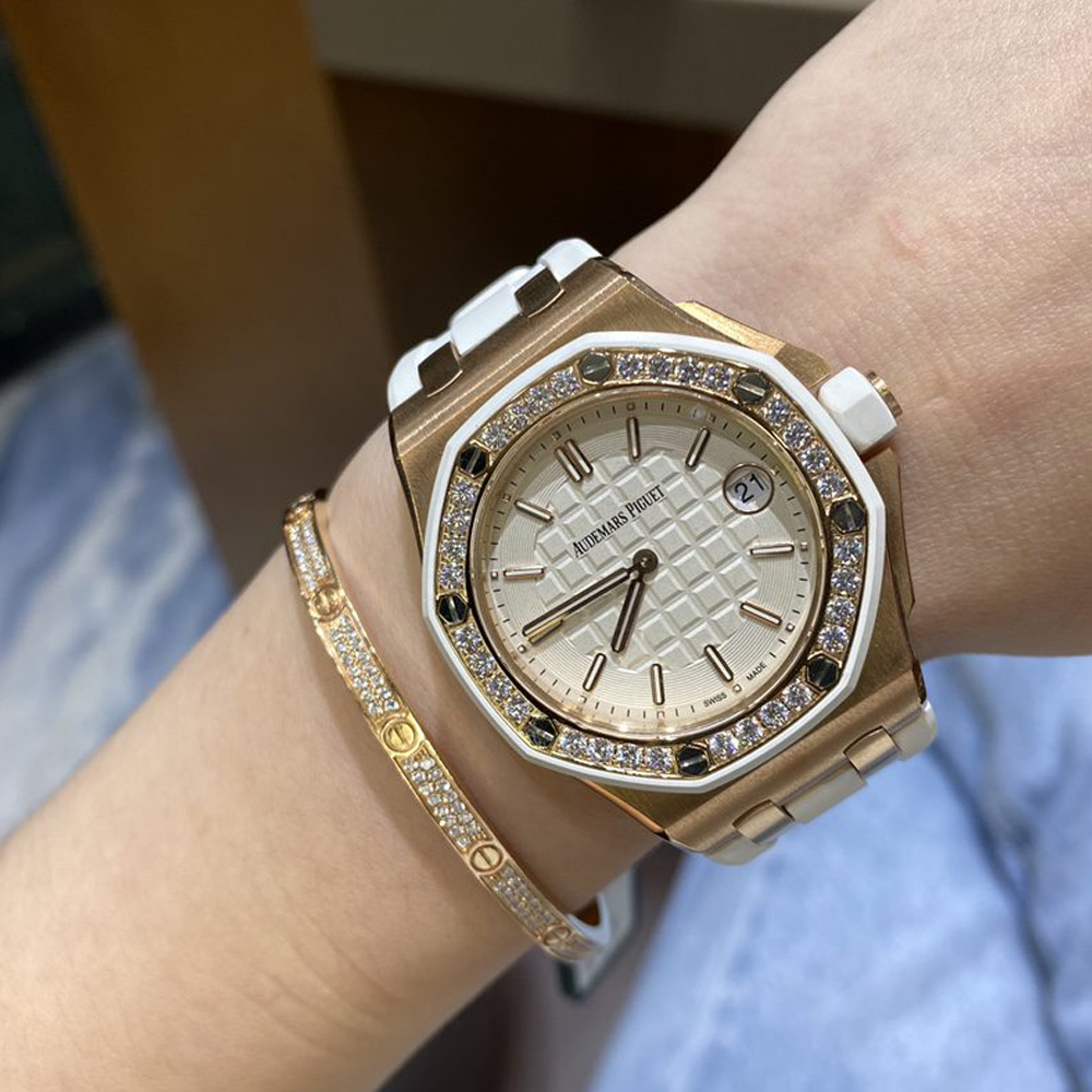 커스텀 오데마피게 로얄오크 옐골 금통 다이아베젤 러버밴드 37mm 57540