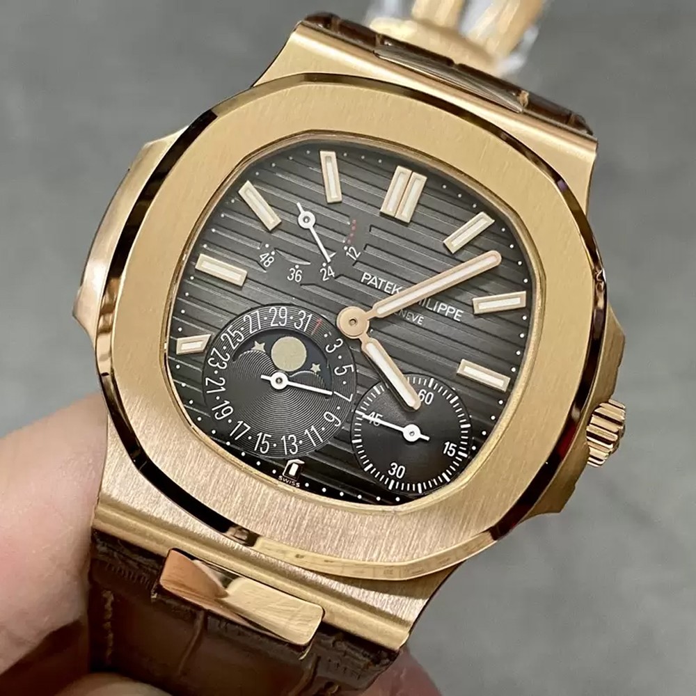 PPF공장 파텍필립 노틸러스 문페이즈 그레이 다이얼 로즈골드 금통 가죽밴드 40mm 5712