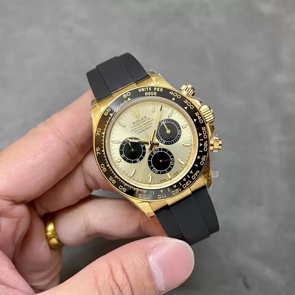 QF공장 롤렉스 데이토나 크로노그래프 골드 다이얼 바인덱스 YG 금통 러버밴드 40mm (텅스텐 헤비버전) 126518