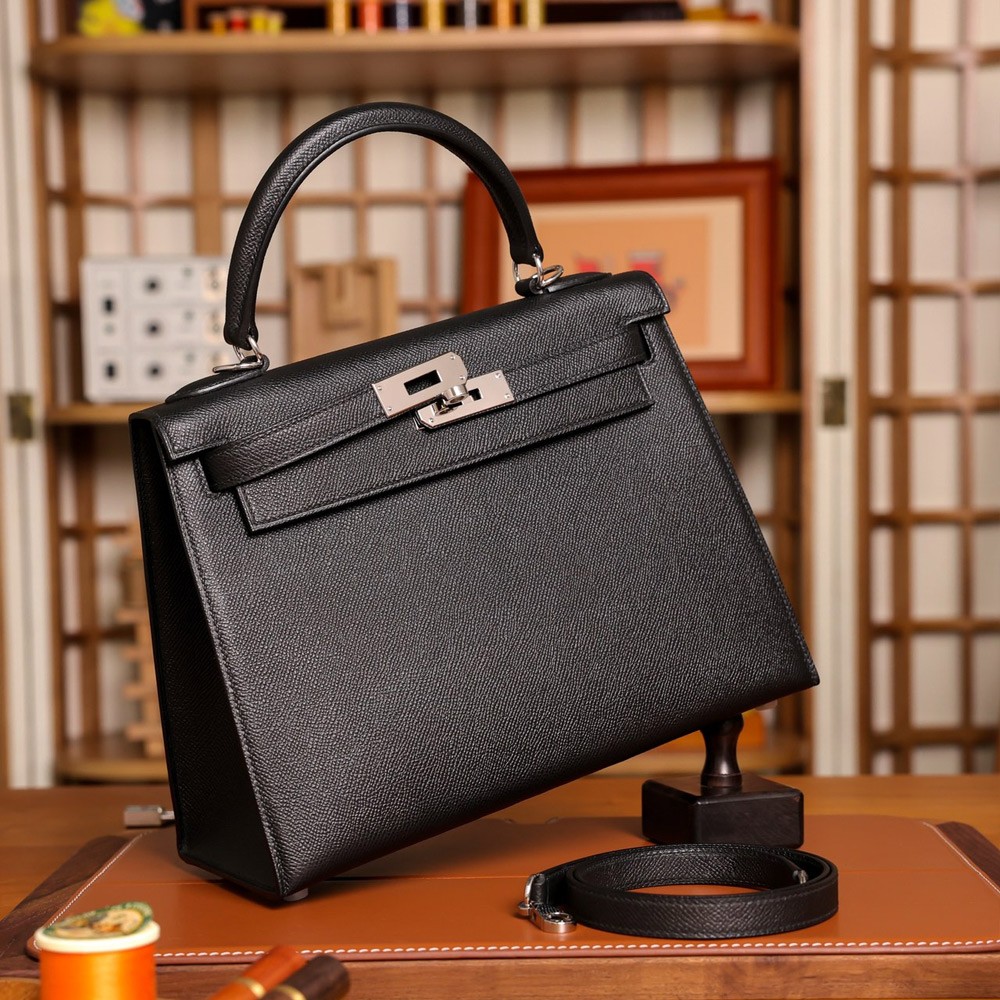 에르메스 올수공 켈리 28 블랙 엡솜 실버 버클