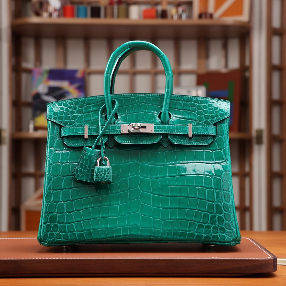 에르메스 올수공 크로커다일 버킨 25 그린 실버 하드웨어
