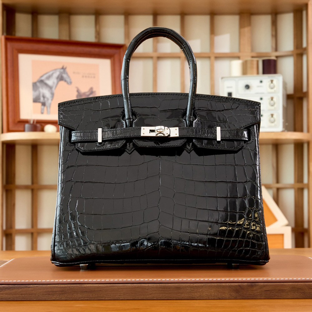 에르메스 올수공 크로커다일 버킨 25 블랙 실버 하드웨어
