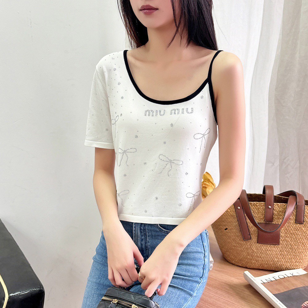 미우미우 24SS 듀티 드릴 니트 반소매 화이트