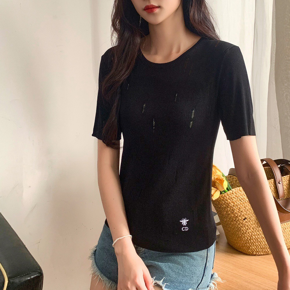 디올 24SS 꿀벌 자수 로고 데미지 니트 반팔 블랙