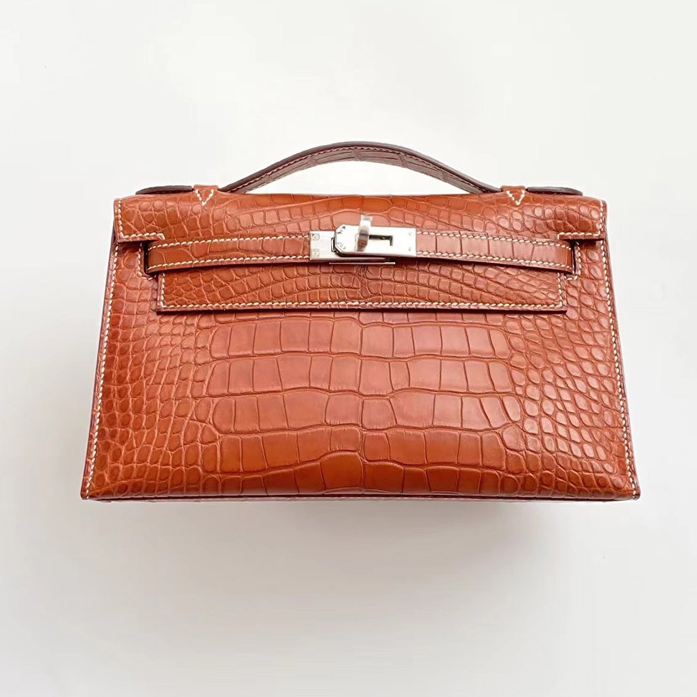 에르메스 올수공 미니 켈리 엘리게이터 브라운 팔라듐 하드웨어