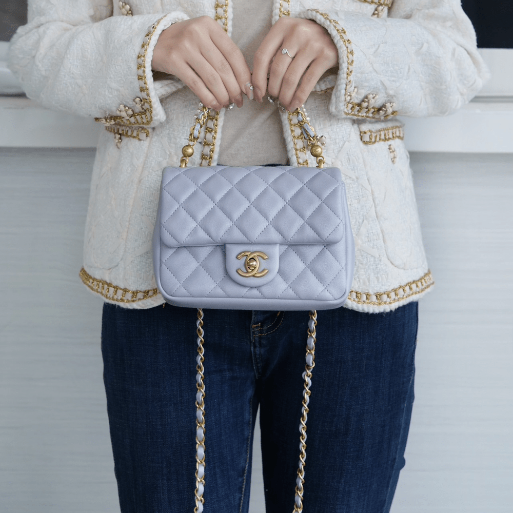 팬더샵 샤넬 클래식 더블 체인 숄더백 라이트 그레이 금장