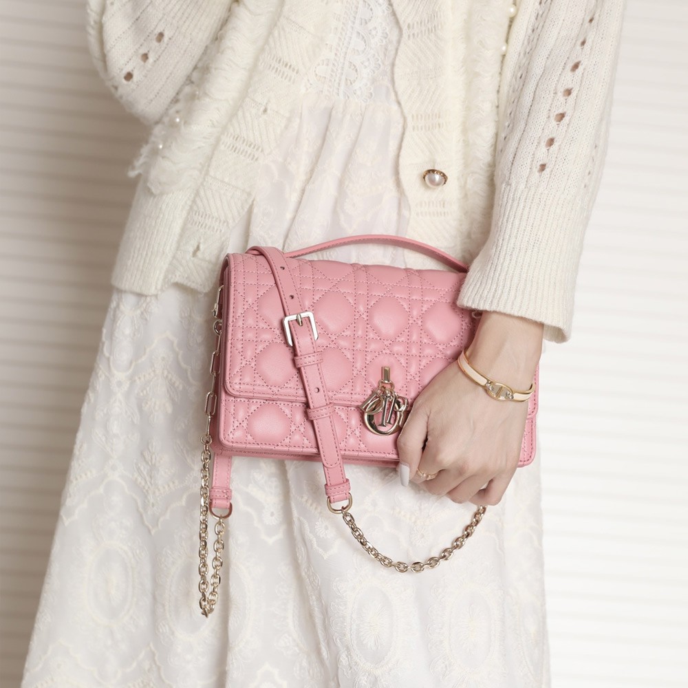 디올 레이디 탑 핸들 클러치 미니 백 핑크