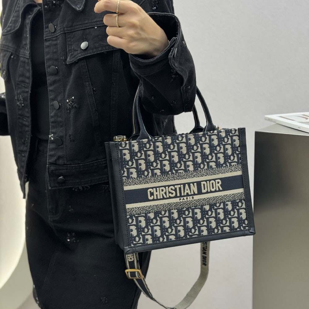 디올 오블리크 북 토트 레더 백 스몰 블루