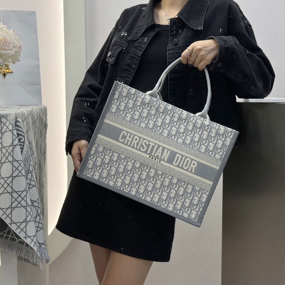 디올 오블리크 북 토트 레더 백 미듐 그레이