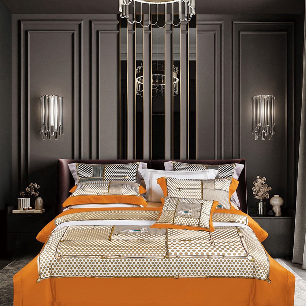 에르메스 100수 이중 면 프린팅 오렌지 이불 커버 세트