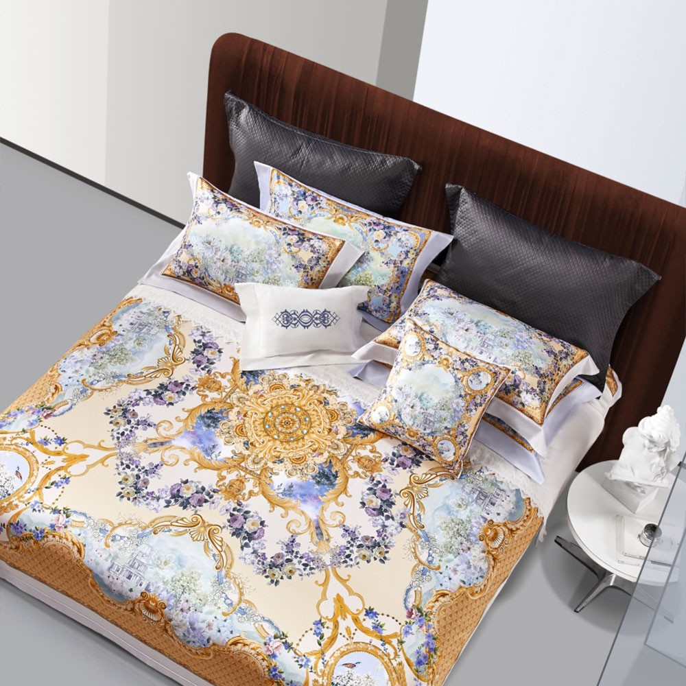 에르메스 100수 이중 면 프린팅 화이트 골드 이불 커버 세트