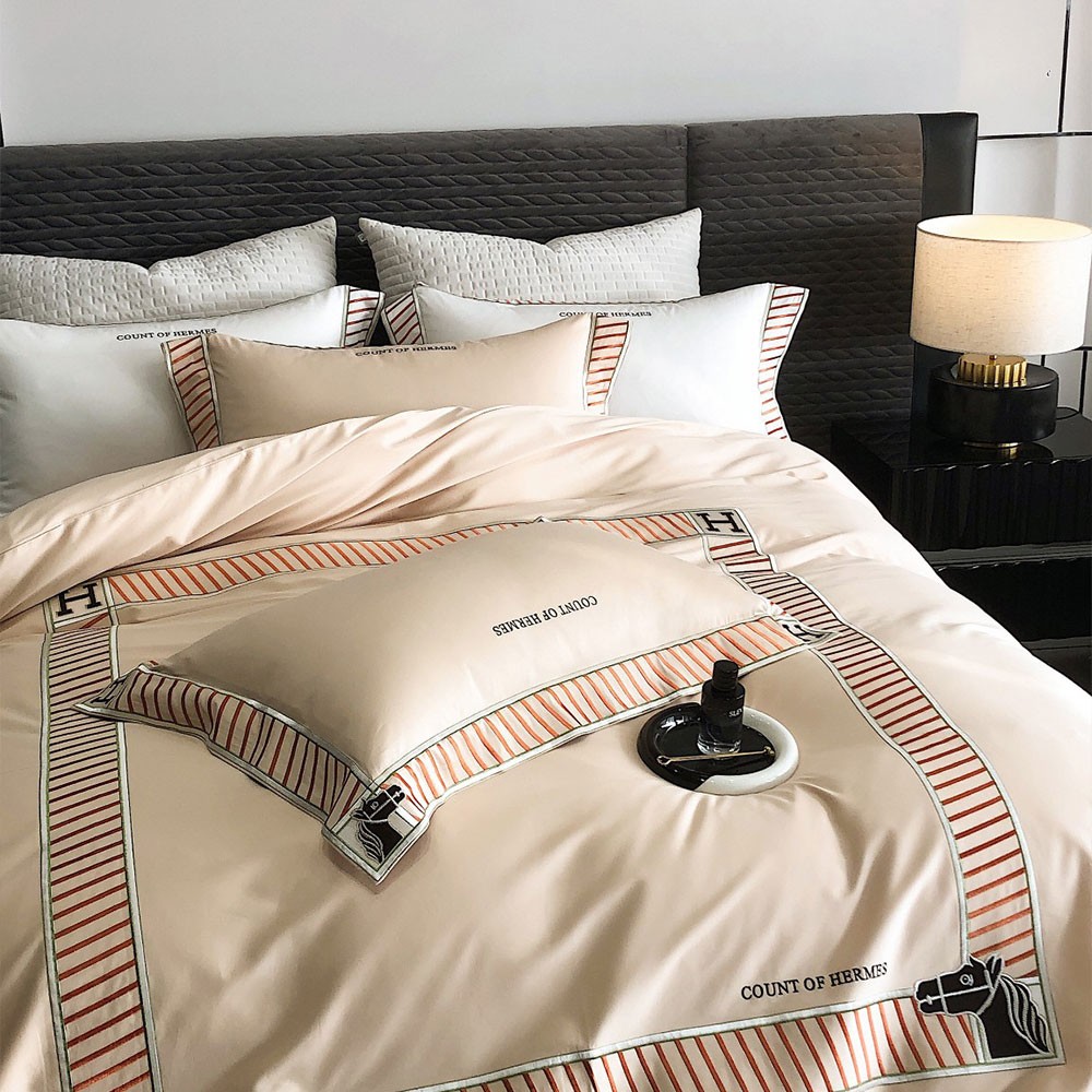 에르메스 100수 이중 면 프린팅 베이지 이불 커버 세트