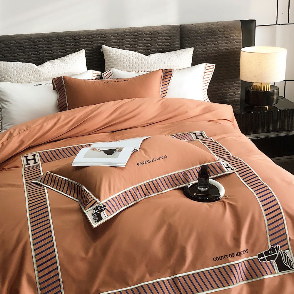 에르메스 100수 이중 면 프린팅 브라운 이불 커버 세트