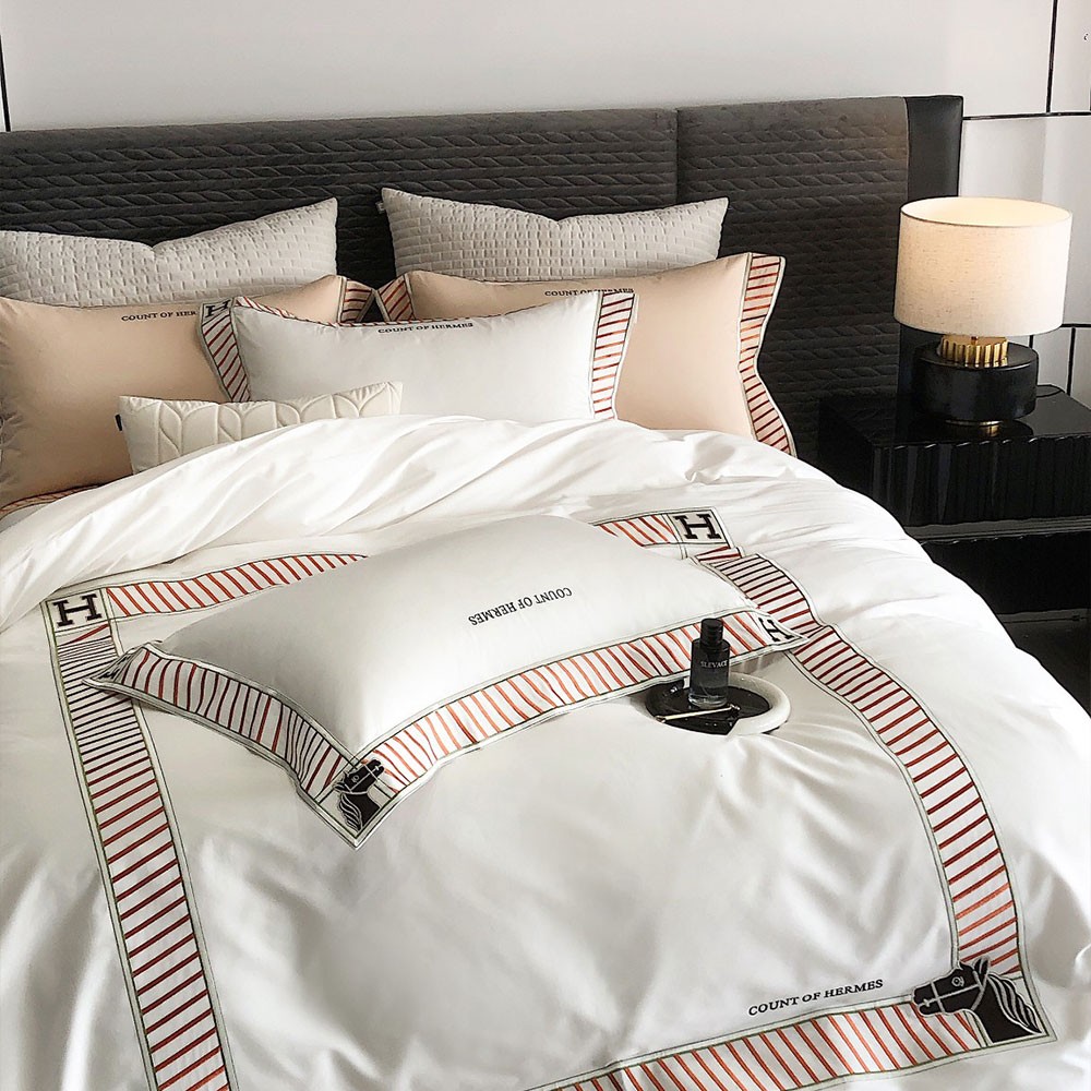 에르메스 100수 이중 면 프린팅 화이트 이불 커버 세트