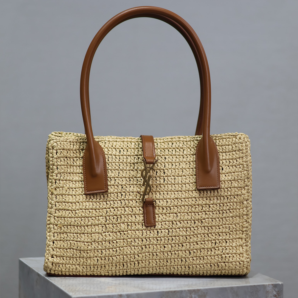 생로랑 패니어 라피아 토트 백 베이지