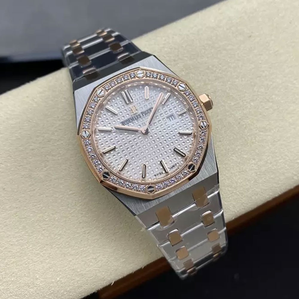 ZF공장 오데마피게 레이디 로얄오크 화이트 다이얼 다이아베젤 로즈골드 콤비 33mm 여성용 67651