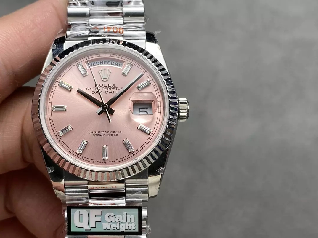 QF공장 롤렉스 데이데이트 핑크 다이얼 바게트다이아 SS 브레이슬릿 36mm 128236