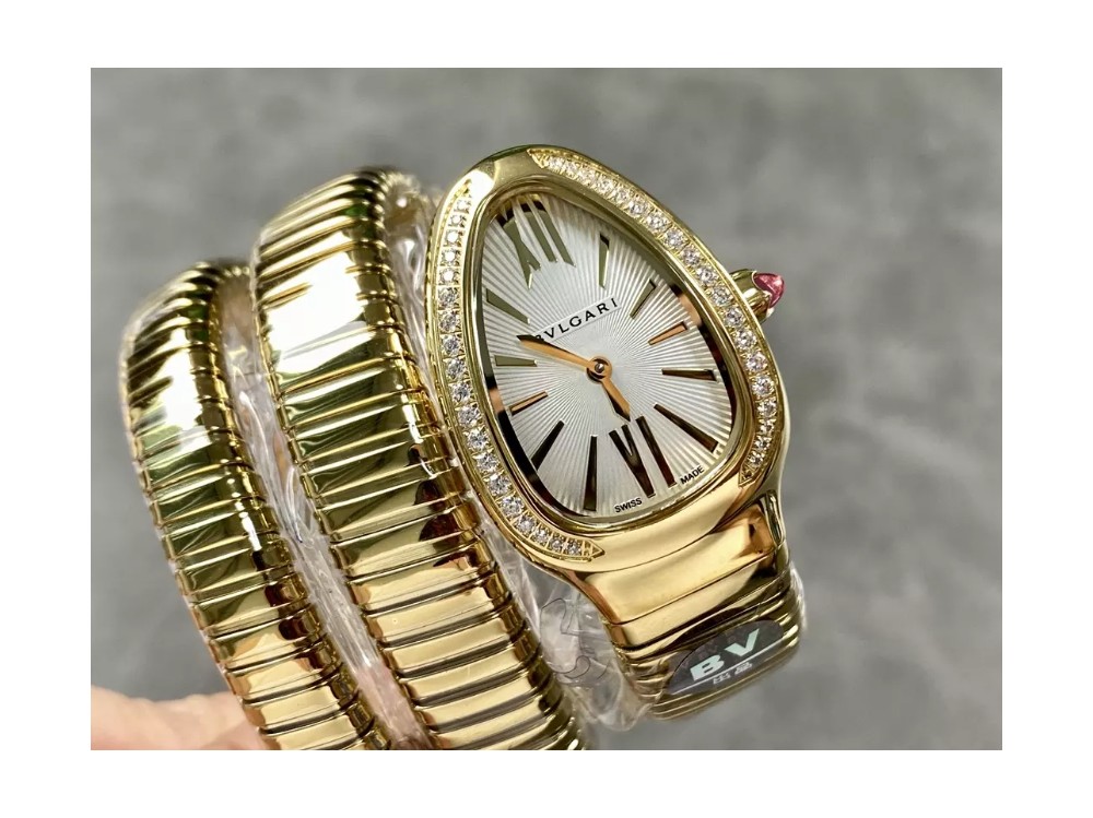 BV공장 불가리 세르펜티 투보가스 골드 다이아 베젤 화이트 다이얼 금통 35mm 101923