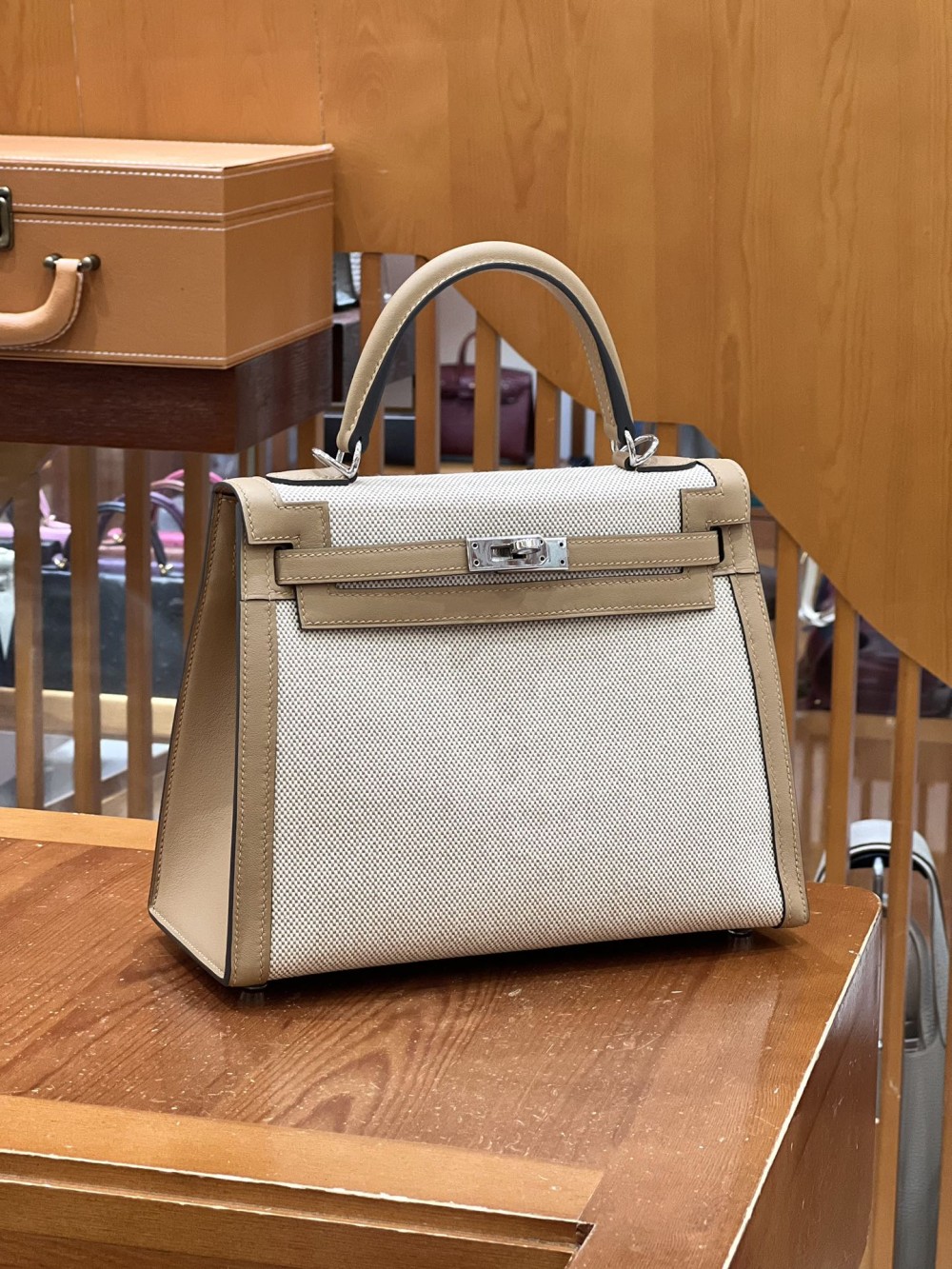 올수공 에르메스 켈리 25 토고 스위프트 캔버스 밀크티 컬러 실버 버클