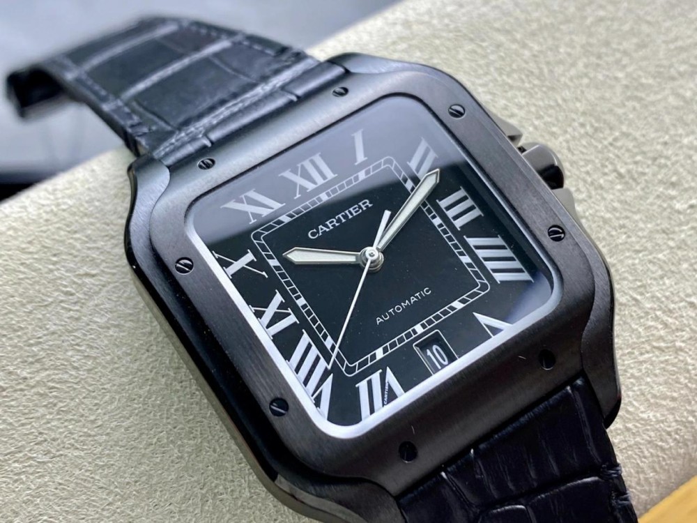 V6공장 까르띠에 산토스 드 까르띠에 II 블랙 워리어 블랙 다이얼 레더 스트랩 WSSA0039