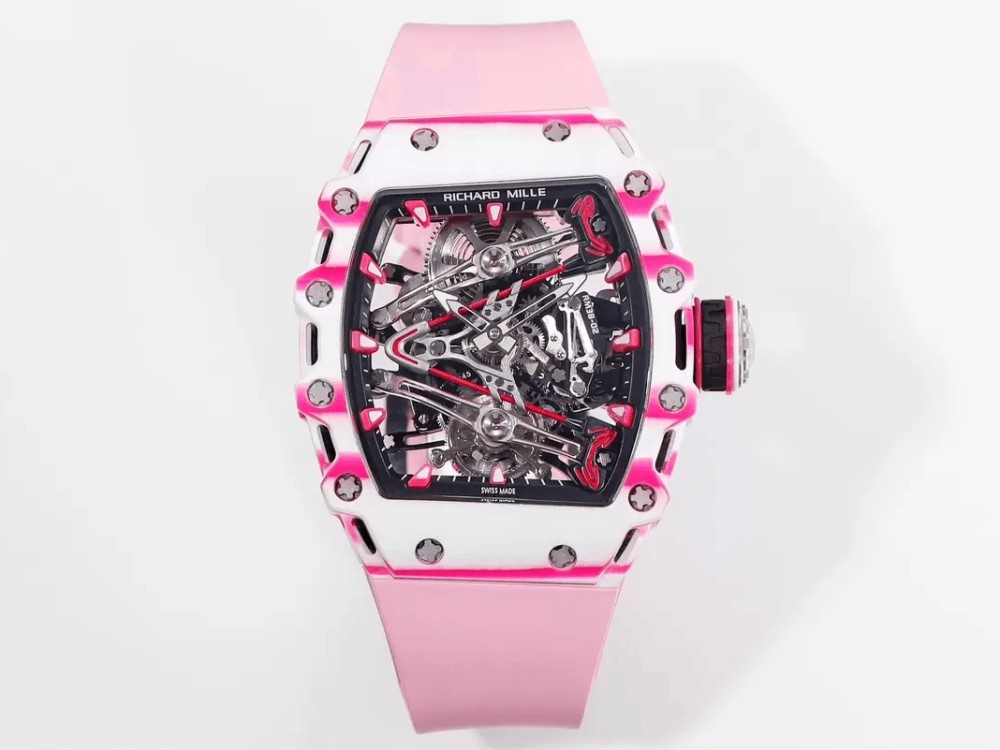 RM공장 리차드밀 부바왓슨 투르비옹 화이트/핑크 NTPT 카본 스켈레톤 다이얼 화이트 러버 스트랩 RM38-02