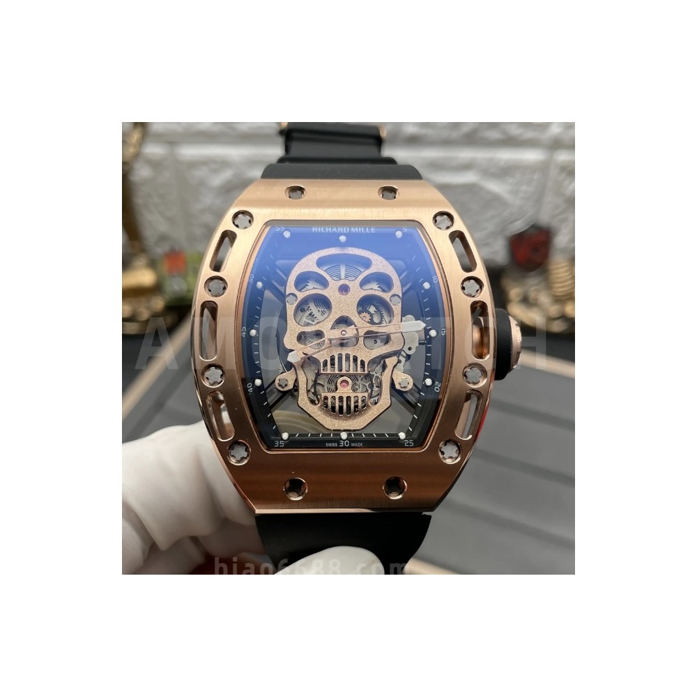 YS공장 리차드밀 투르비옹 스컬 로즈골드 스켈레톤 다이얼 블랙 러버 스트랩 RM052