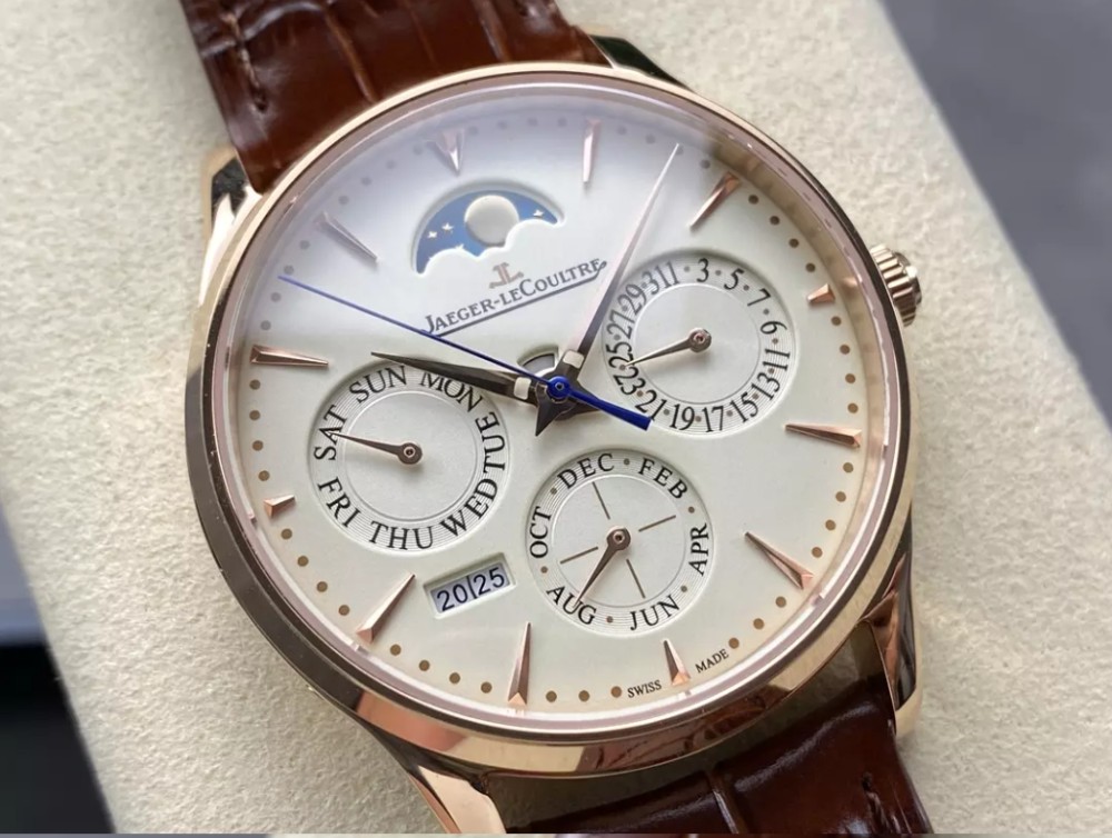 GR공장 예거 르쿨트르 마스터 울트라씬 퍼페츄얼 캘린더 화이트 다이얼 레더 스트랩 39mm Q1302520