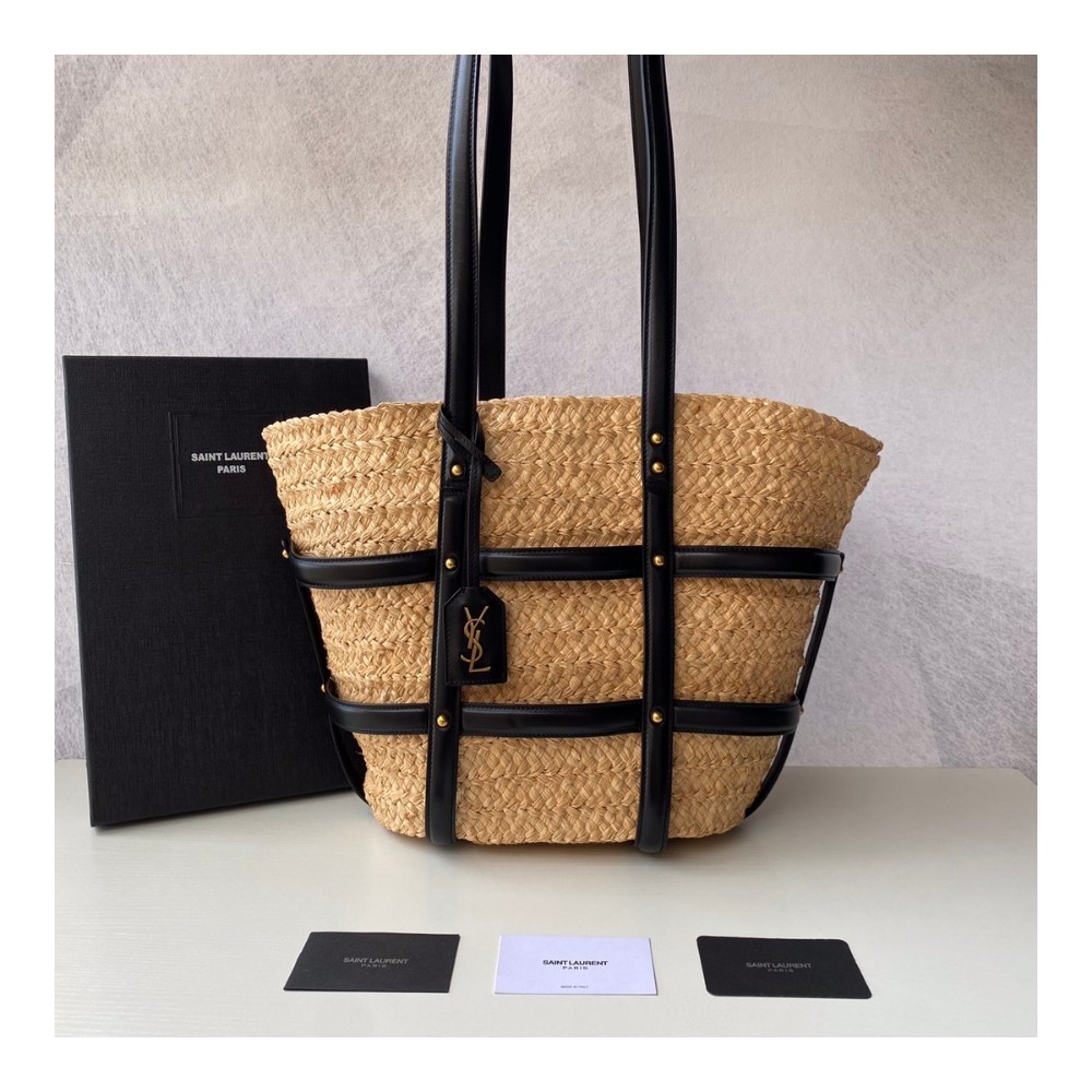 생로랑 22SS 내추럴 블랙 미디엄 라피아 파니에 백