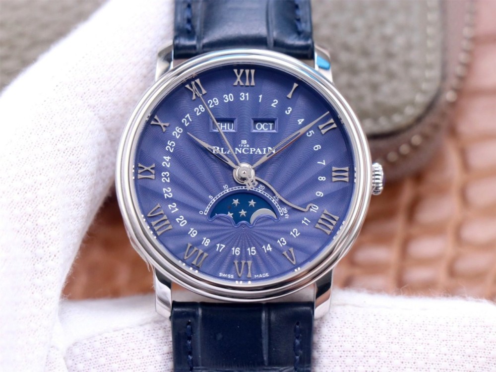 OM공장 블랑팡 클래식 빌레레 문페이즈 블루 다이얼 화이트골드 레더 스트랩 40mm V3버전 6654-1529-55B