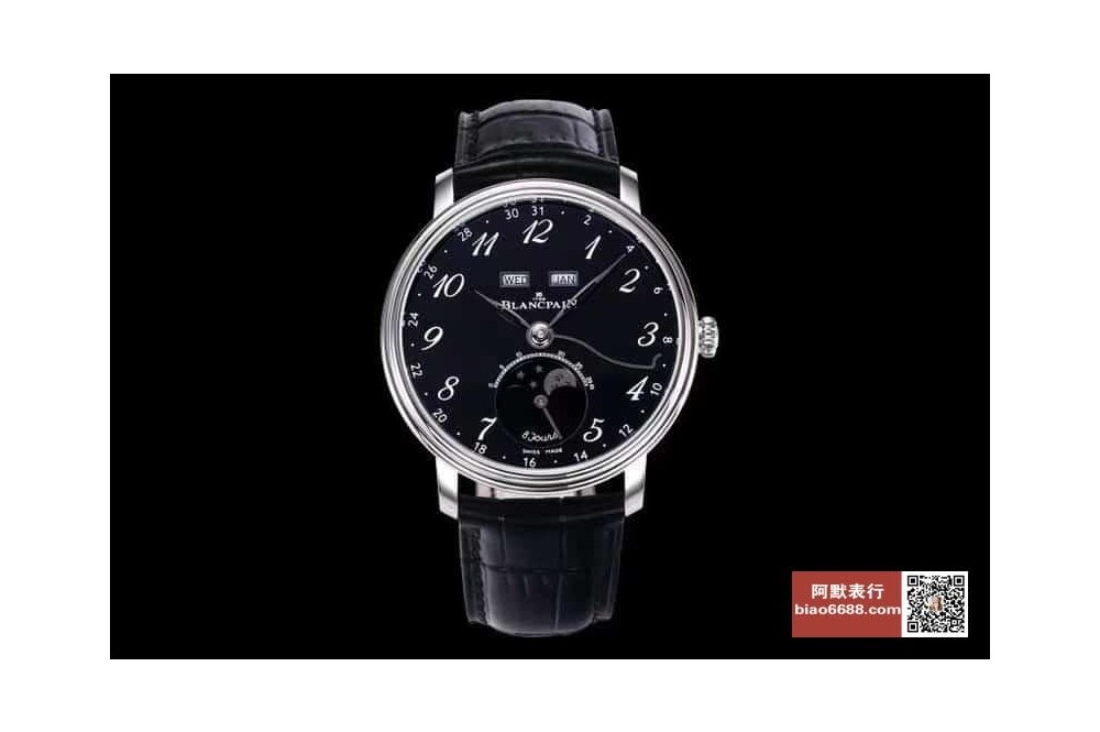 OM공장 블랑팡 클래식 빌레레 문페이즈 블랙 다이얼 화이트골드 레더 스트랩 40mm 6639-3437-55