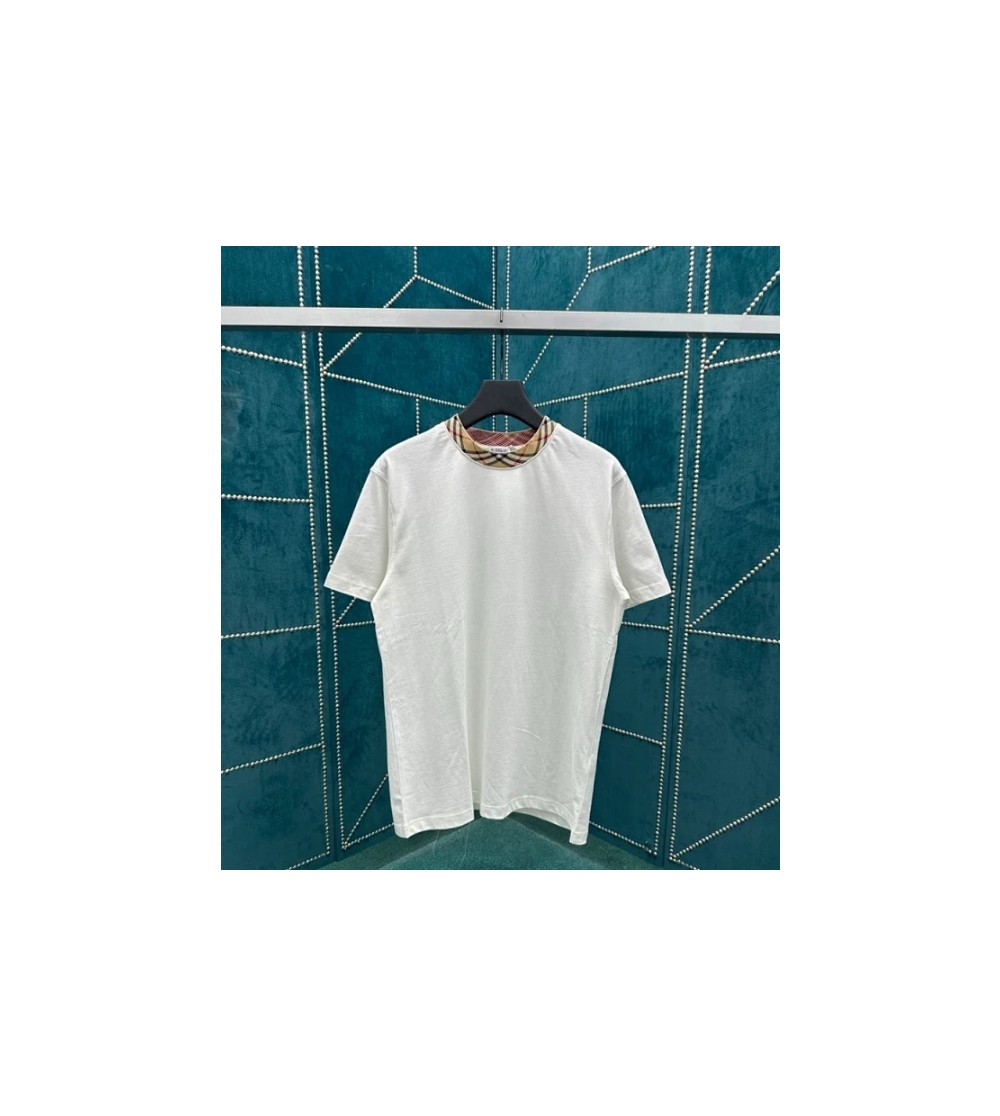 버버리 체크 트리밍 코튼 티셔츠 화이트