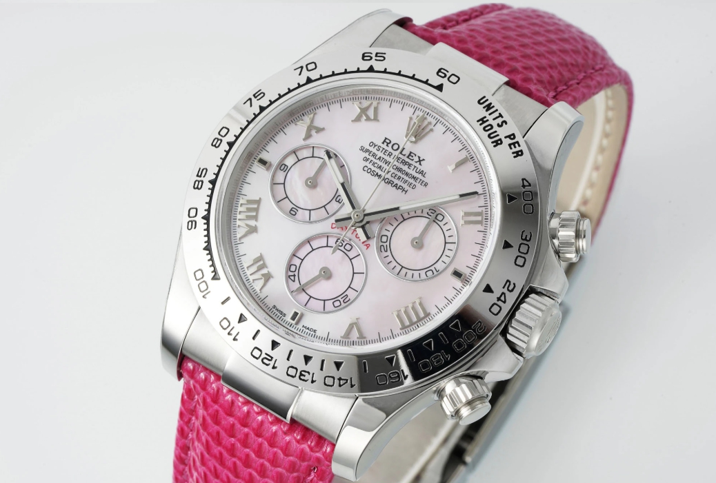 PPM공장 롤렉스 데이토나 비치 에디션 핑크 자개 로만 다이얼 가죽 스트랩 40mm 116519