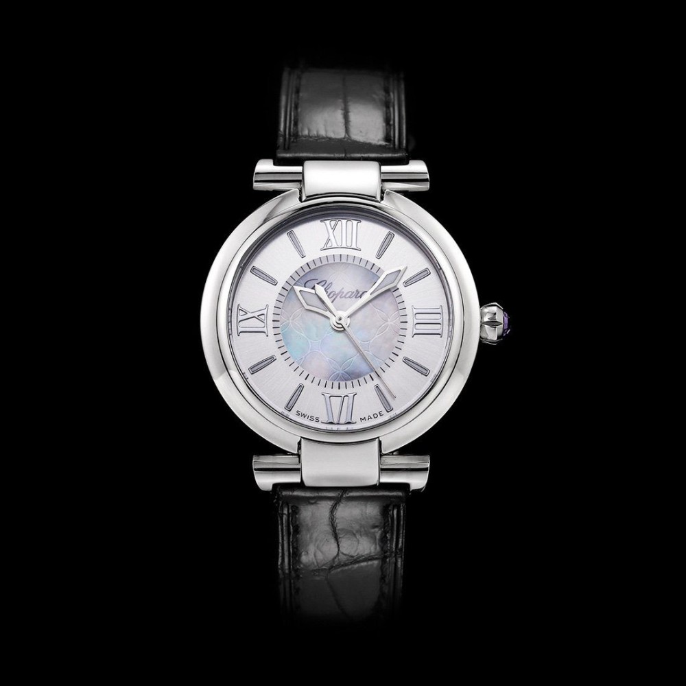 NR공장 쇼파드 임페리알레 화이트 다이얼 스틸 레더 스트랩 29mm 388563-3001