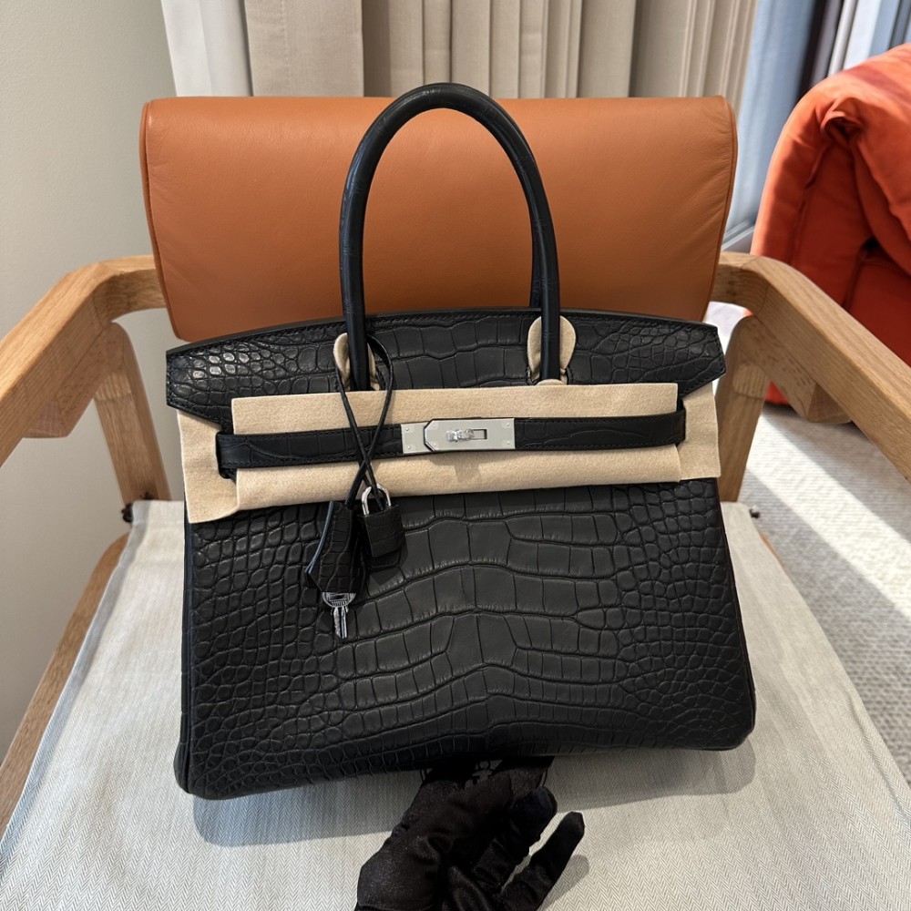 올수공 에르메스 버킨 30 Noir 악어 가죽 실버 하드웨어